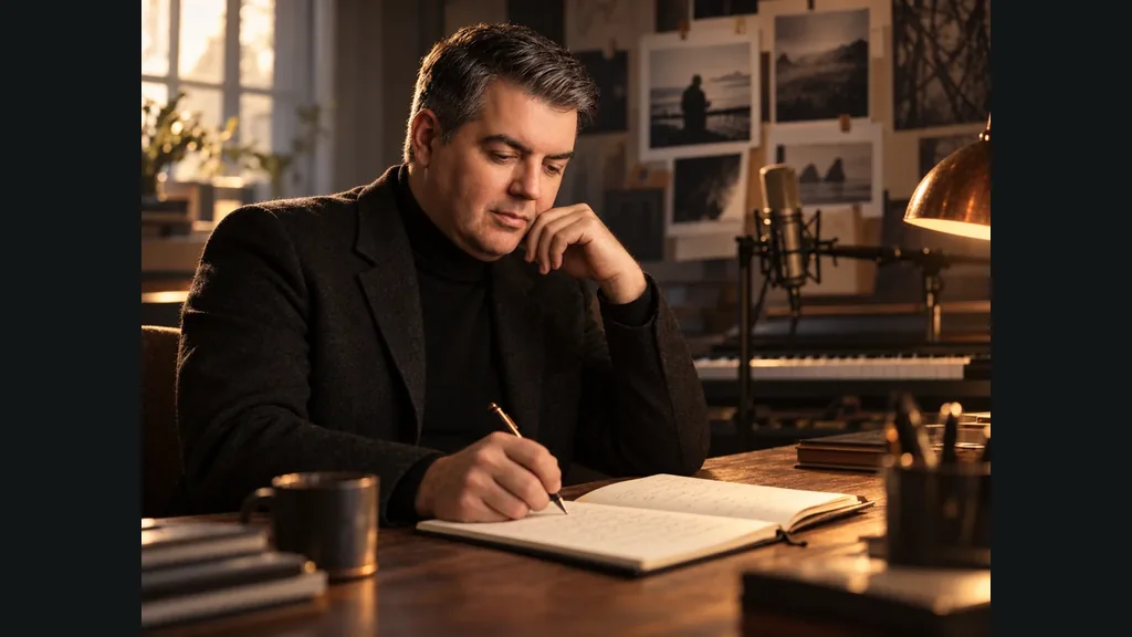 Yann à son carnet, dans l’atelier de création