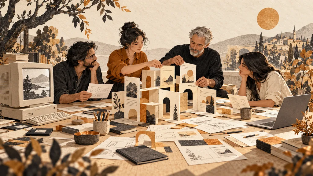 Illustration de plusieurs générations réunies autour d’un atelier, entre un ancien ordinateur et un portable contemporain.